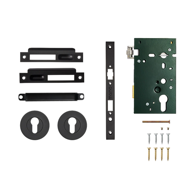 Door lock mechanism set with components on a white background. SolidBrassRollerMorticeEntranceSetInMattBlack