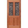 A two-panel entrance door with a timber frame and wrought iron accents, including a geometric pattern on the panels and a round window in the center. St. Tropez EN904AO
