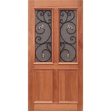 A two-panel entrance door with a timber frame and wrought iron accents, including a geometric pattern on the panels and a round window in the center. St. Tropez EN904AO