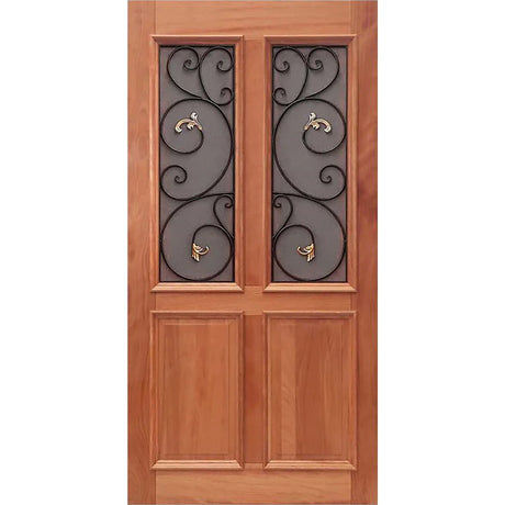 A two-panel entrance door with a timber frame and wrought iron accents, including a geometric pattern on the panels and a round window in the center. St. Tropez EN904AO