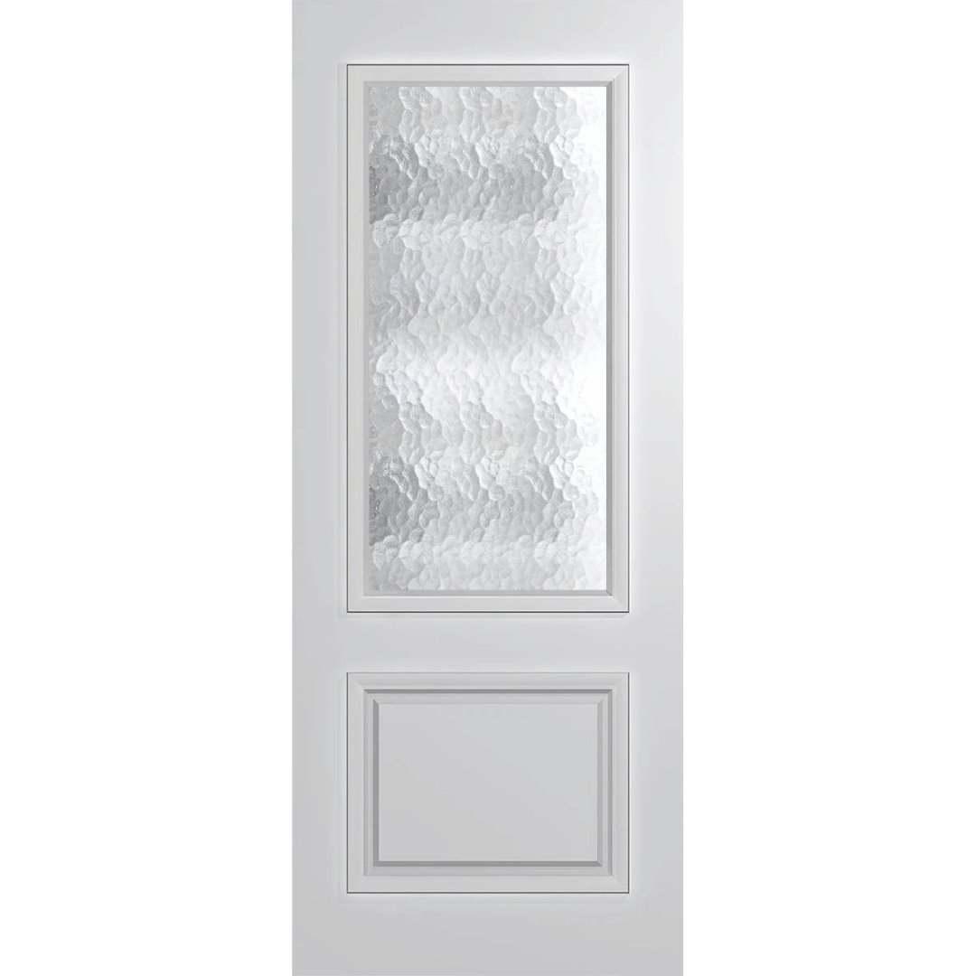 White door with a decorative glass panel on a green background VauclusePremierEntranceXVP22_Cathedral_Duracote