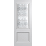 White door with a decorative glass panel on a green background VauclusePremierEntranceXVP22_Cathedral_Duracote