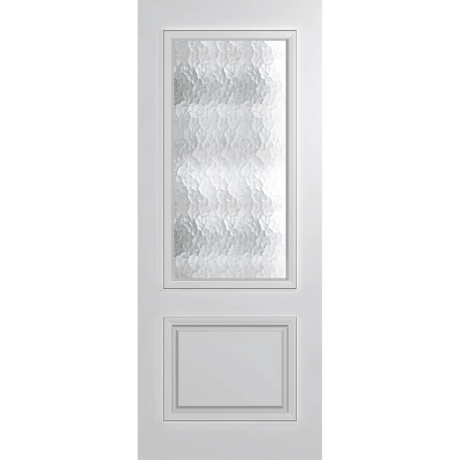 White door with a decorative glass panel on a green background VauclusePremierEntranceXVP22_Cathedral_Duracote