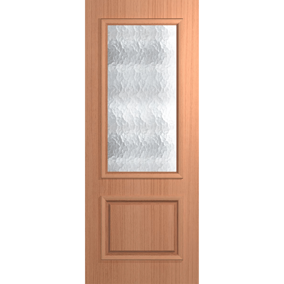 Wooden door with a glass panel on a green background VauclusePremierEntranceXVP22_Cathedral_SlicedPacificMaple