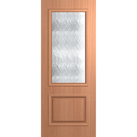 Wooden door with a glass panel on a green background VauclusePremierEntranceXVP22_Cathedral_SlicedPacificMaple