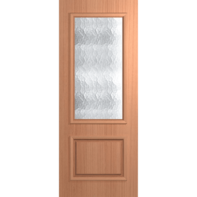 Wooden door with a glass panel on a green background VauclusePremierEntranceXVP22_Cathedral_SlicedPacificMaple