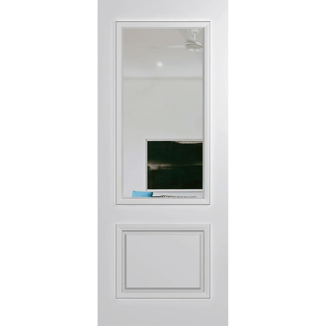 White door with a glass panel on a green background VauclusePremierEntranceXVP22_Clear_Duracote