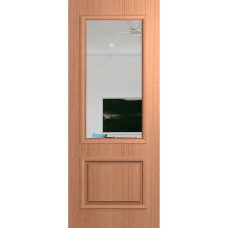 Wooden door with a glass panel on a green background VauclusePremierEntranceXVP22_Clear_SlicedPacificMaple