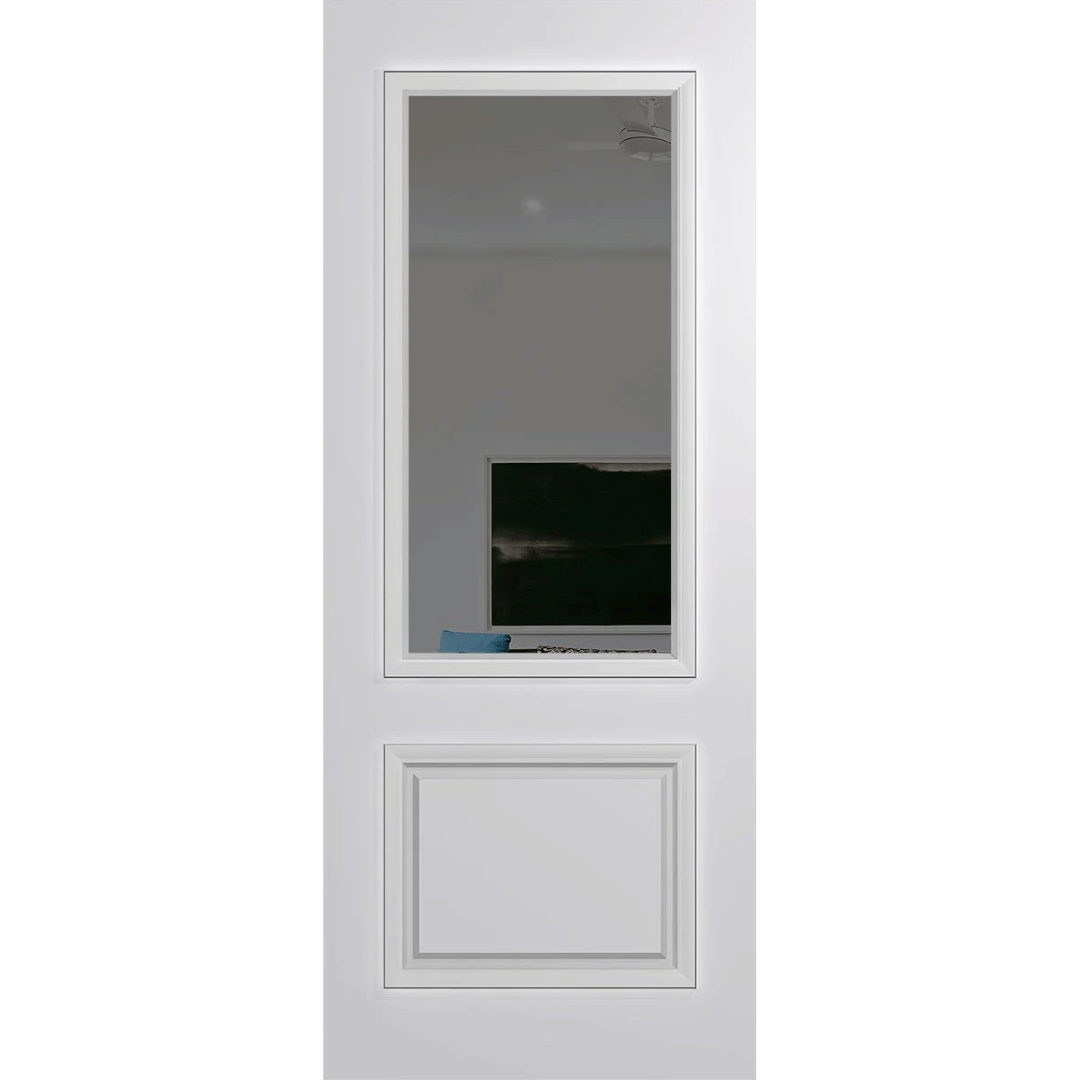 White door with a glass panel on a green background VauclusePremierEntranceXVP22_GreyTint_Duracote