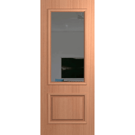 Wooden door with a glass panel on a green background VauclusePremierEntranceXVP22_GreyTint_SlicedPacificMaple