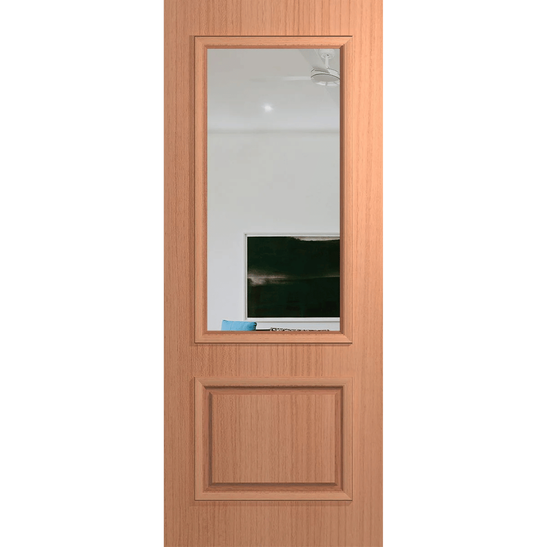 Wooden door with a glass panel on a green background VauclusePremierEntranceXVP22_LowE_SlicedPacificMaple
