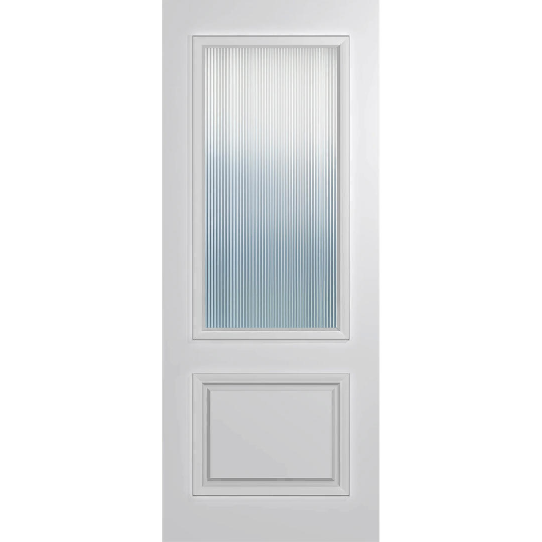 White door with a glass panel on a green background VauclusePremierEntranceXVP22_Narrowline_Duracote