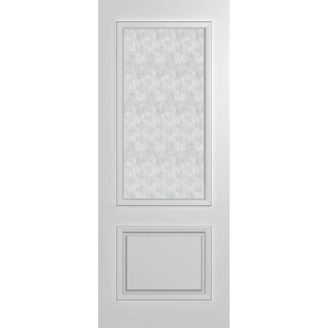 White door with decorative glass panel on a green background VauclusePremierEntranceXVP22_RicePaper_Duracote
