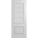 White door with decorative glass panel on a green background VauclusePremierEntranceXVP22_RicePaper_Duracote