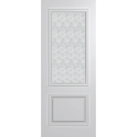 White door with decorative glass panel on a green background VauclusePremierEntranceXVP22_RicePaper_Duracote