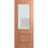 Wooden door with a single pane of glass on a green background VauclusePremierEntranceXVP22_Translucent_SlicedPacificMaple