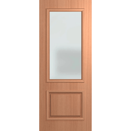 Wooden door with a single pane of glass on a green background VauclusePremierEntranceXVP22_Translucent_SlicedPacificMaple