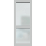 Modern glass door with two frosted panels on a green background. XE2NaturalPearlTranslucent