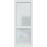 White door with two glass panels on a green background. XE2PearlWhiteTranslucent