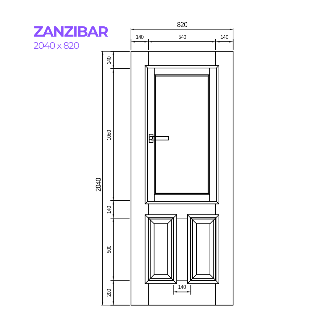 Technical drawing of a door with dimensions labeled 'Zanzibar' on a white background