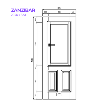 Technical drawing of a door with dimensions labeled 'Zanzibar' on a white background