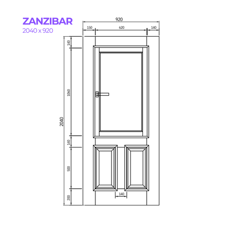 Technical drawing of a door labeled 'Zanzibar' with dimensions.