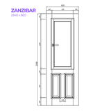 Technical drawing of a door labeled 'Zanzibar' with dimensions.