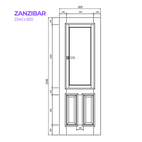 Technical drawing of a door labeled 'Zanzibar' with dimensions.