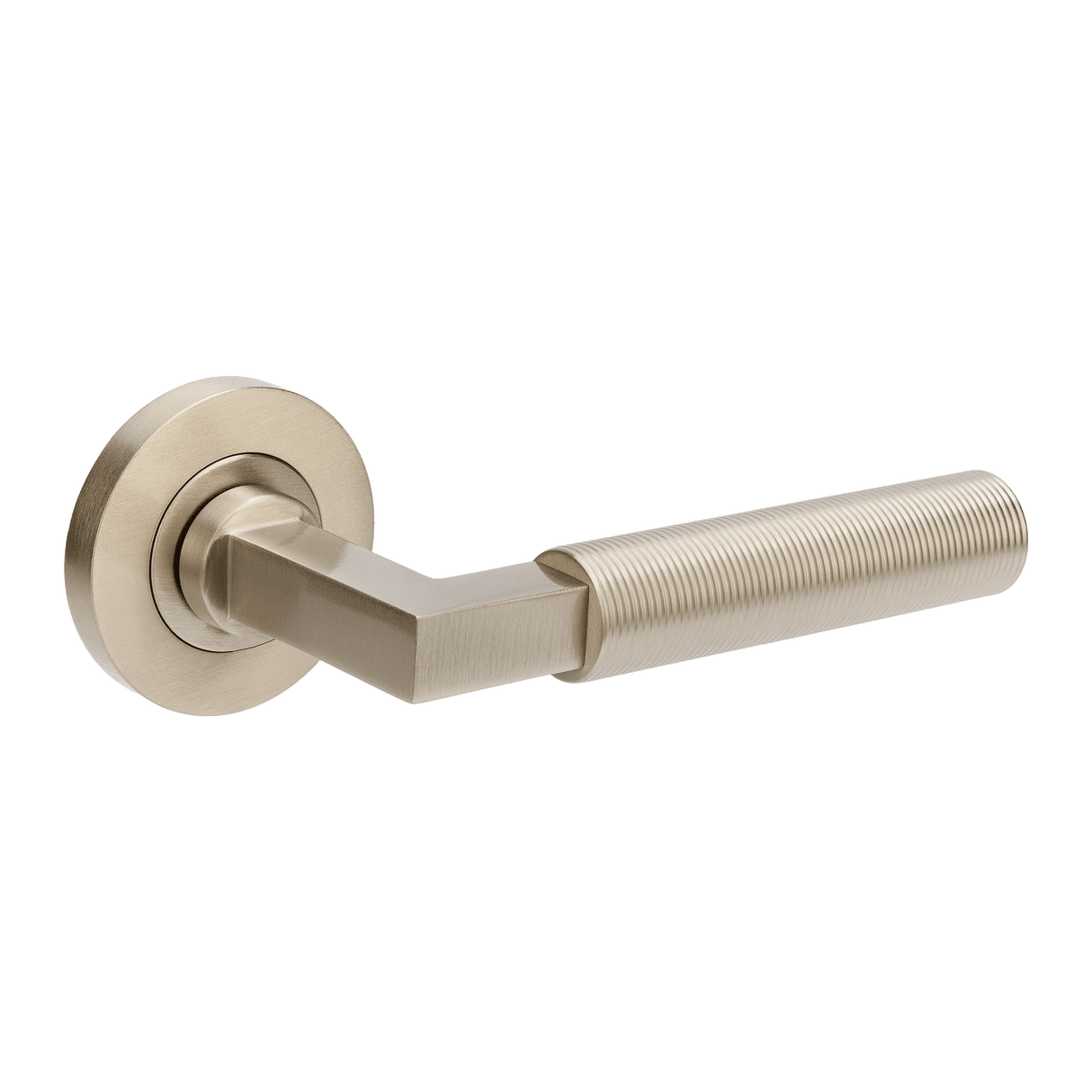 Metal door handle on a white background. ZurichFlutedBN