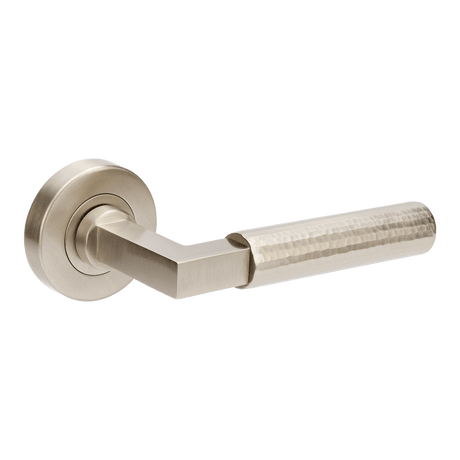 Metal door handle on a white background. ZurichHammeredBN